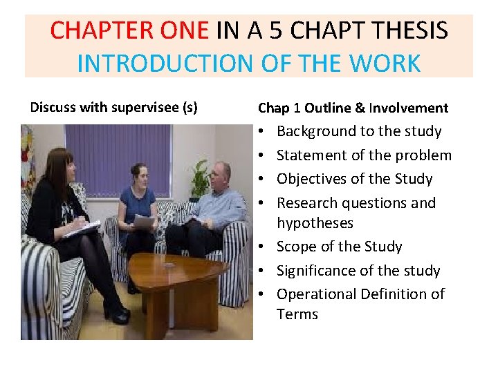 CHAPTER ONE IN A 5 CHAPT THESIS INTRODUCTION OF THE WORK Discuss with supervisee