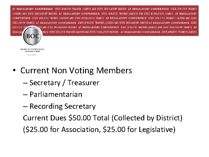  • Current Non Voting Members – Secretary / Treasurer – Parliamentarian – Recording