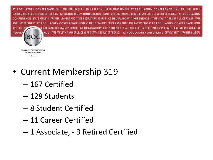  • Current Membership 319 – 167 Certified – 129 Students – 8 Student