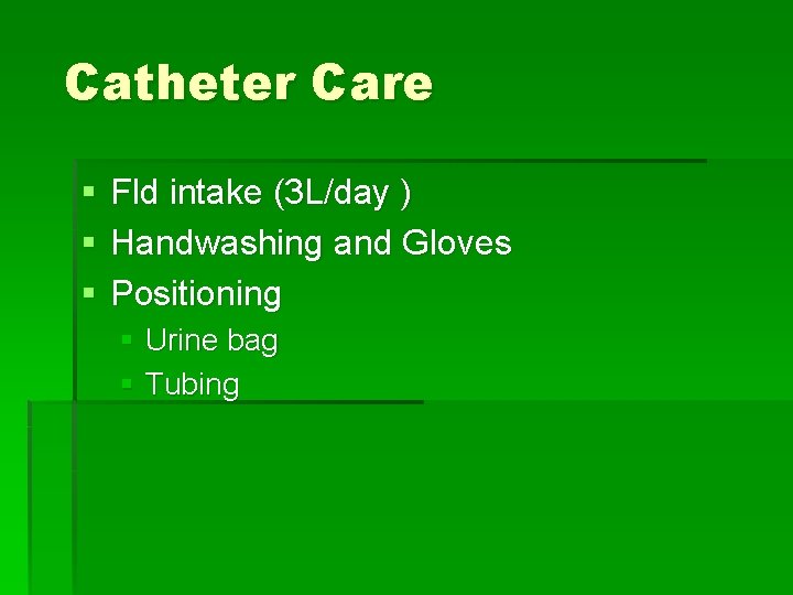 Catheter Care § § § Fld intake (3 L/day ) Handwashing and Gloves Positioning