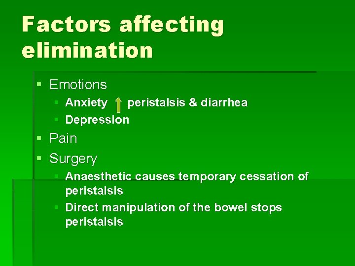 Factors affecting elimination § Emotions § Anxiety peristalsis & diarrhea § Depression § Pain