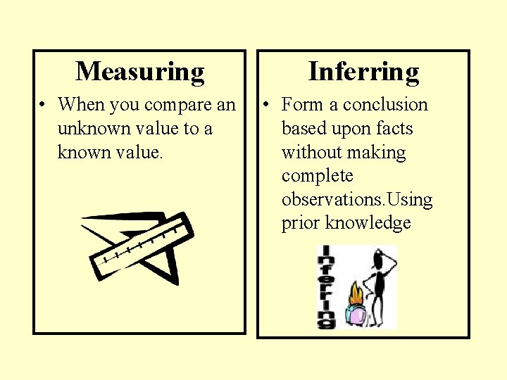 Measuring • When you compare an unknown value to a known value. Inferring •