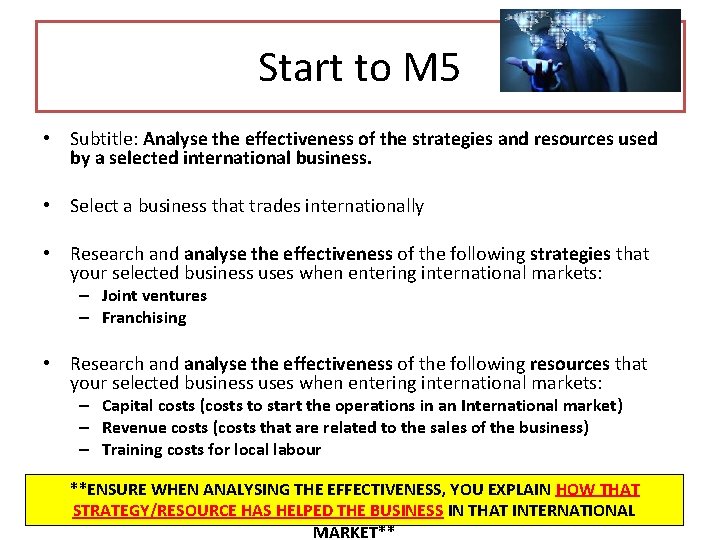 Start to M 5 • Subtitle: Analyse the effectiveness of the strategies and resources