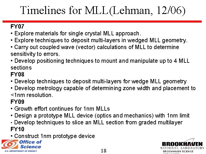 Timelines for MLL(Lehman, 12/06) FY 07 • Explore materials for single crystal MLL approach.