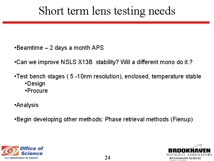 Short term lens testing needs • Beamtime – 2 days a month APS •