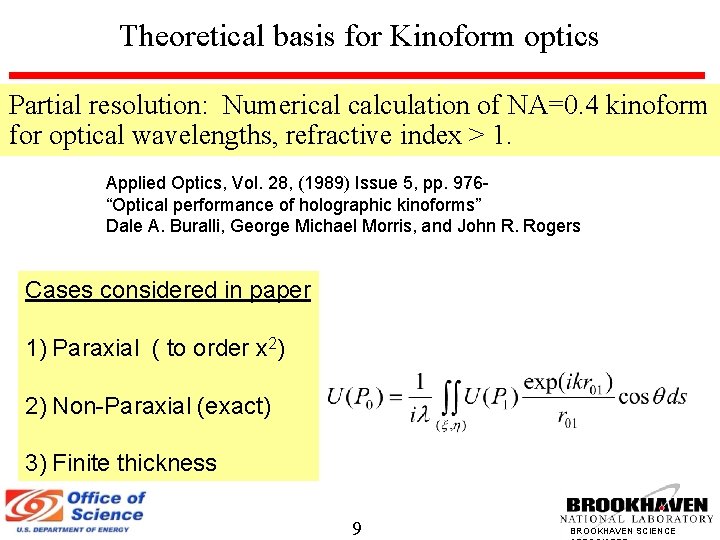 Theoretical basis for Kinoform optics Partial resolution: Numerical calculation of NA=0. 4 kinoform for