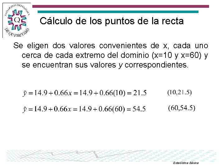 Cálculo de los puntos de la recta Se eligen dos valores convenientes de x,