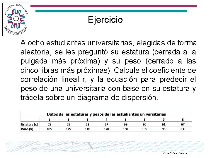 Ejercicio A ocho estudiantes universitarias, elegidas de forma aleatoria, se les preguntó su estatura