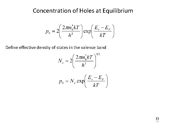 Concentration of Holes at Equilibrium Define effective density of states in the valence band