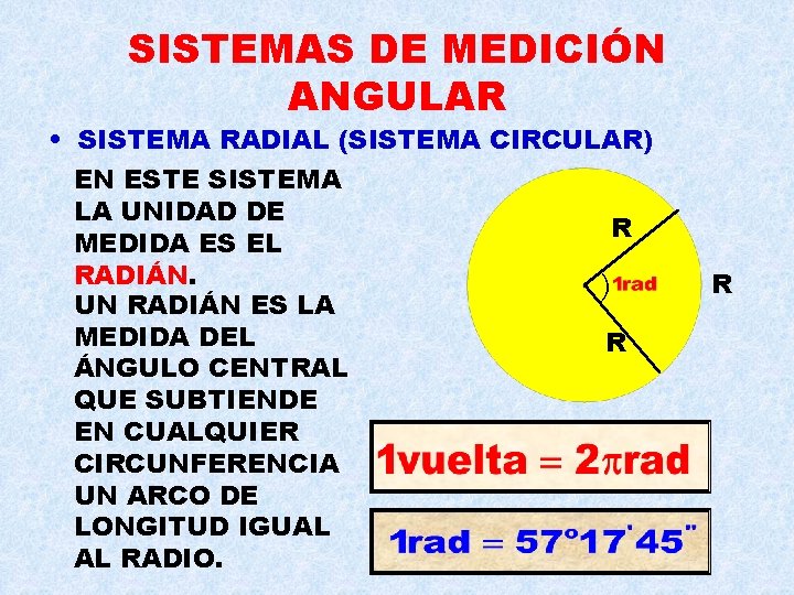 SISTEMAS DE MEDICIÓN ANGULAR • SISTEMA RADIAL (SISTEMA CIRCULAR) EN ESTE SISTEMA LA UNIDAD