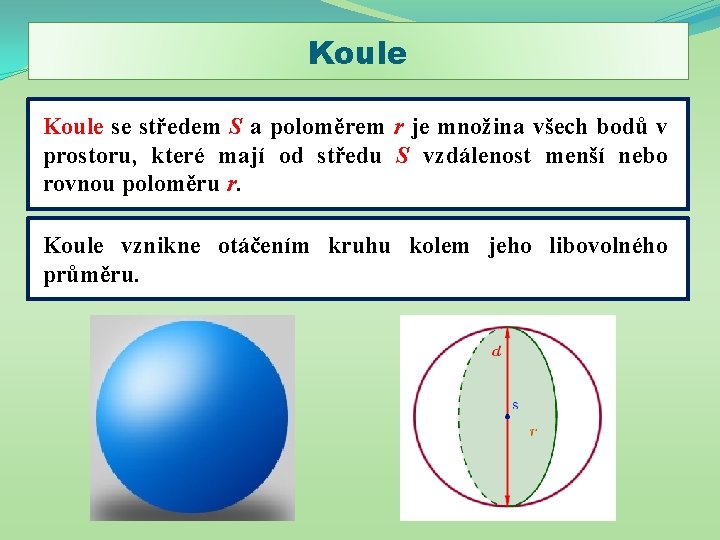 Koule se středem S a poloměrem r je množina všech bodů v prostoru, které