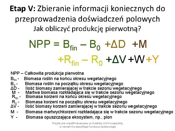 Etap V: Zbieranie informacji koniecznych do przeprowadzenia doświadczeń polowych Jak obliczyć produkcję pierwotną? NPP