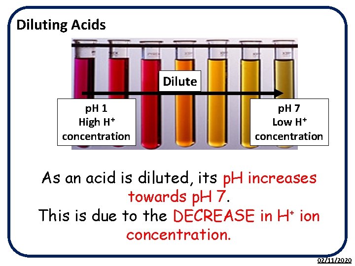 Diluting Acids Dilute p. H 1 High H+ concentration p. H 7 Low H+