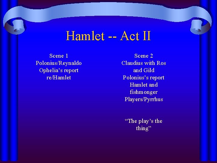 Hamlet -- Act II Scene 1 Polonius/Reynaldo Ophelia’s report re/Hamlet Scene 2 Claudius with