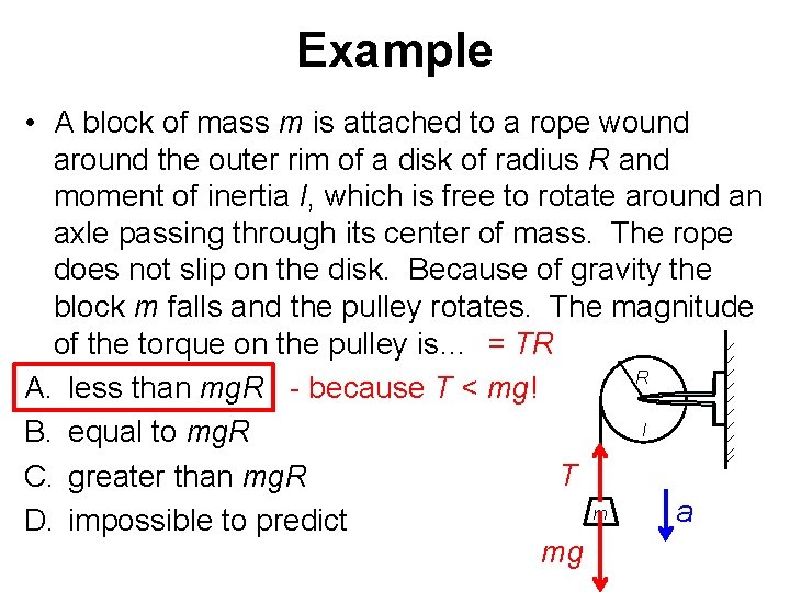 Example • A block of mass m is attached to a rope wound around