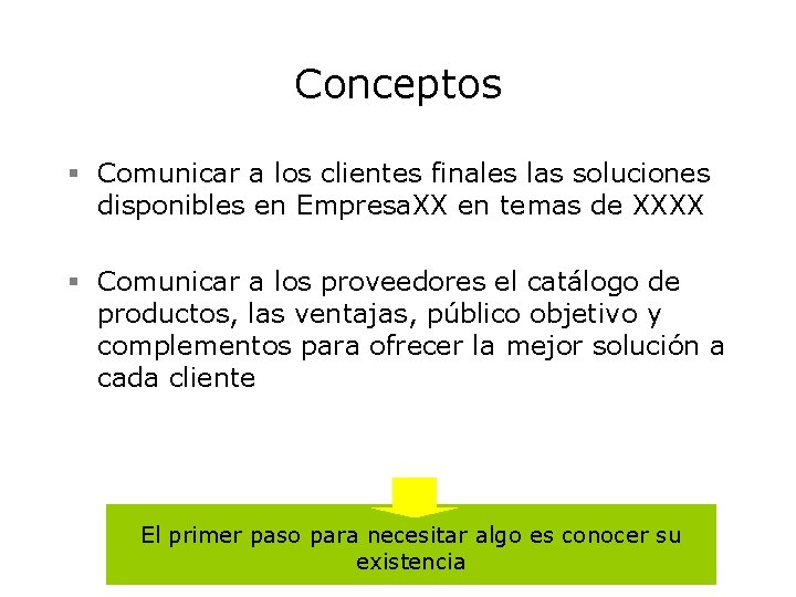 Conceptos § Comunicar a los clientes finales las soluciones disponibles en Empresa. XX en