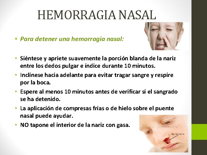 HEMORRAGIA NASAL • Para detener una hemorragia nasal: • Siéntese y apriete suavemente la