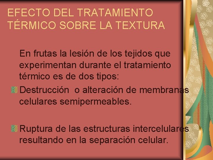 EFECTO DEL TRATAMIENTO TÉRMICO SOBRE LA TEXTURA En frutas la lesión de los tejidos