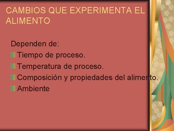 CAMBIOS QUE EXPERIMENTA EL ALIMENTO Dependen de: Tiempo de proceso. Temperatura de proceso. Composición