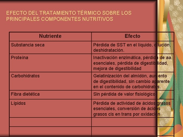 EFECTO DEL TRATAMIENTO TÉRMICO SOBRE LOS PRINCIPALES COMPONENTES NUTRITIVOS Nutriente Efecto Substancia seca Pérdida