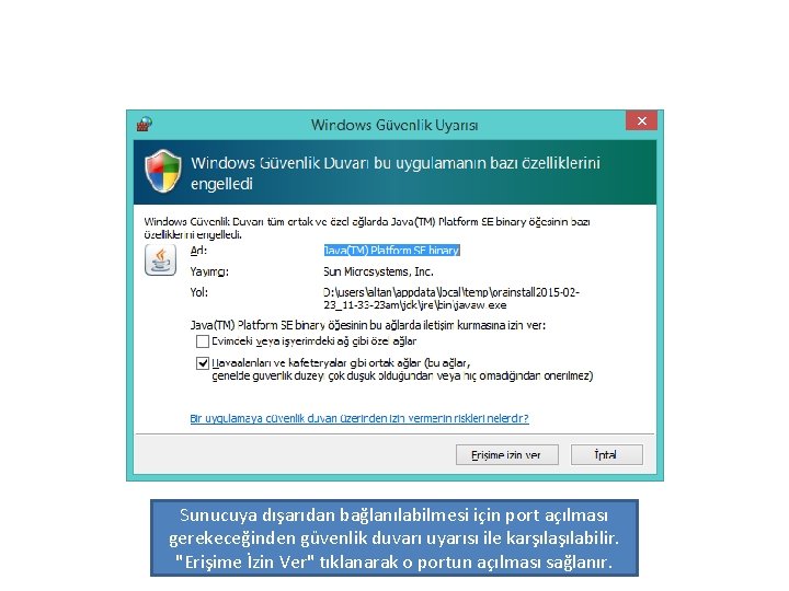 Sunucuya dışarıdan bağlanılabilmesi için port açılması gerekeceğinden güvenlik duvarı uyarısı ile karşılabilir. "Erişime İzin