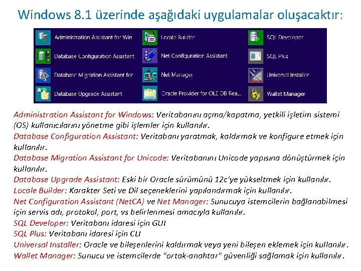 Windows 8. 1 üzerinde aşağıdaki uygulamalar oluşacaktır: Administration Assistant for Windows: Veritabanını açma/kapatma, yetkili