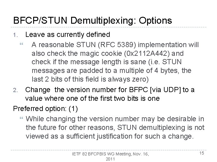 BFCP/STUN Demultiplexing: Options Leave as currently defined A reasonable STUN (RFC 5389) implementation will