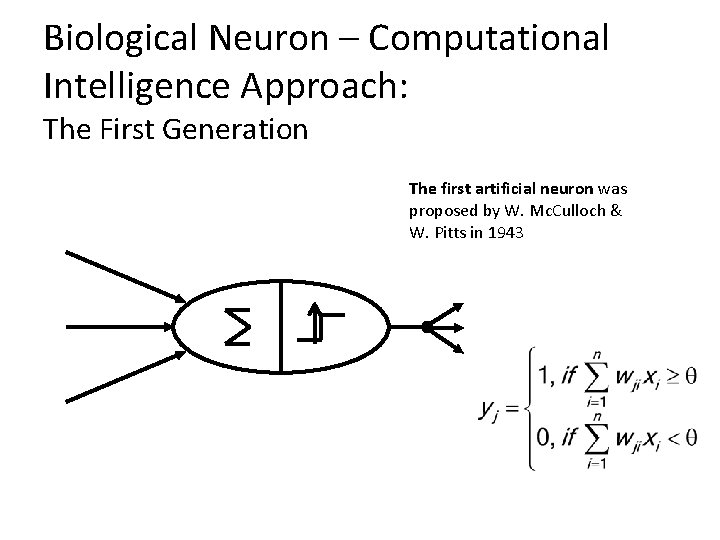 Biological Neuron – Computational Intelligence Approach: The First Generation The first artificial neuron was