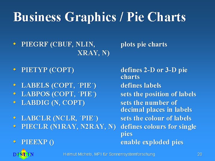 Business Graphics / Pie Charts • PIEGRF (CBUF, NLIN, plots pie charts XRAY, N)