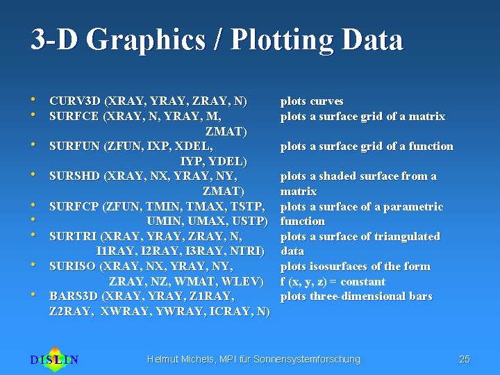 3 -D Graphics / Plotting Data • CURV 3 D (XRAY, YRAY, ZRAY, N)