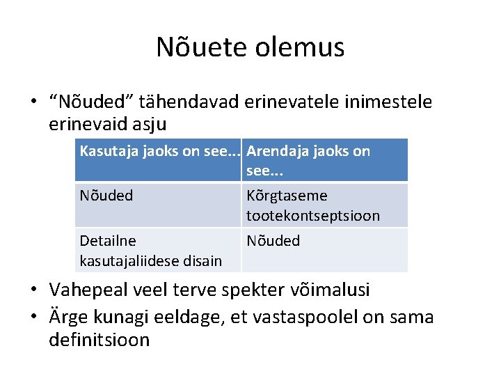 Nõuete olemus • “Nõuded” tähendavad erinevatele inimestele erinevaid asju Kasutaja jaoks on see. .