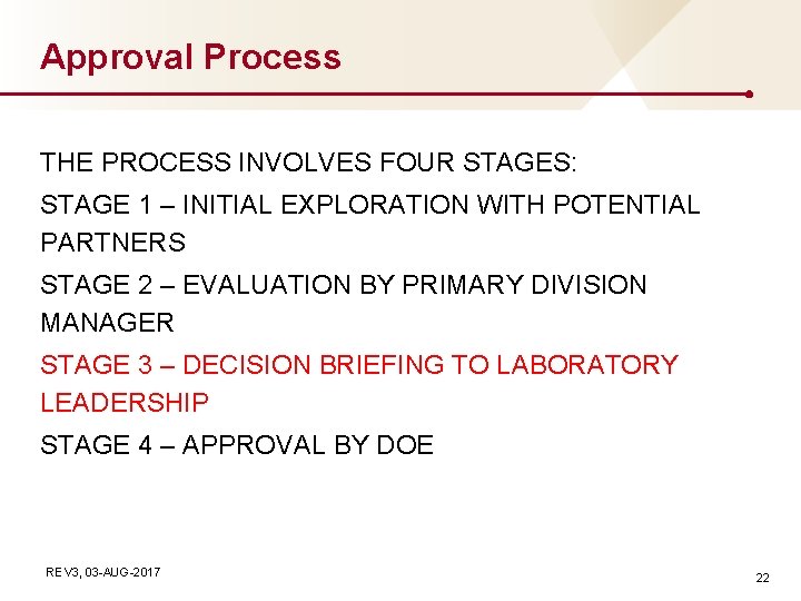 Approval Process THE PROCESS INVOLVES FOUR STAGES: STAGE 1 – INITIAL EXPLORATION WITH POTENTIAL
