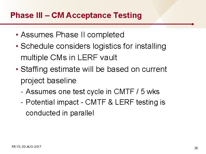 Phase III – CM Acceptance Testing • Assumes Phase II completed • Schedule considers