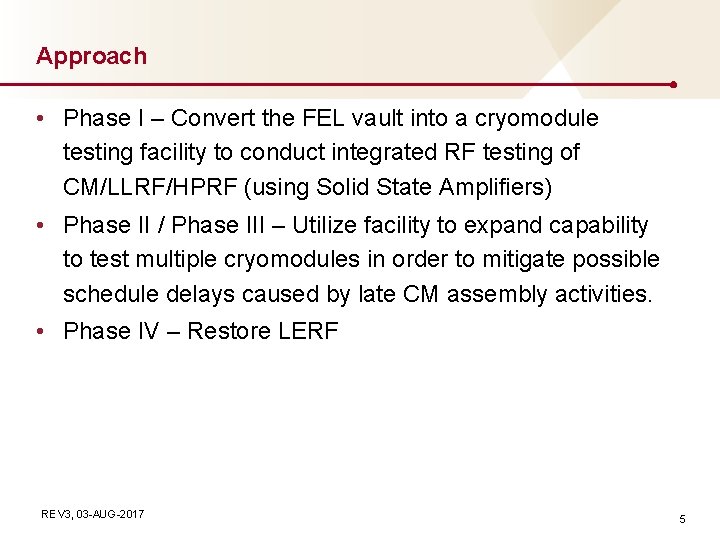 Approach • Phase I – Convert the FEL vault into a cryomodule testing facility Approach • Phase I – Convert the FEL vault into a cryomodule testing facility
