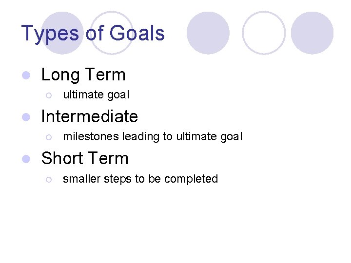 Types of Goals l Long Term ¡ l Intermediate ¡ l ultimate goal milestones