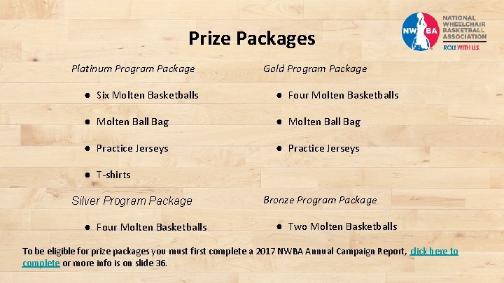 Prize Packages Platinum Program Package Gold Program Package ● Six Molten Basketballs ● Four