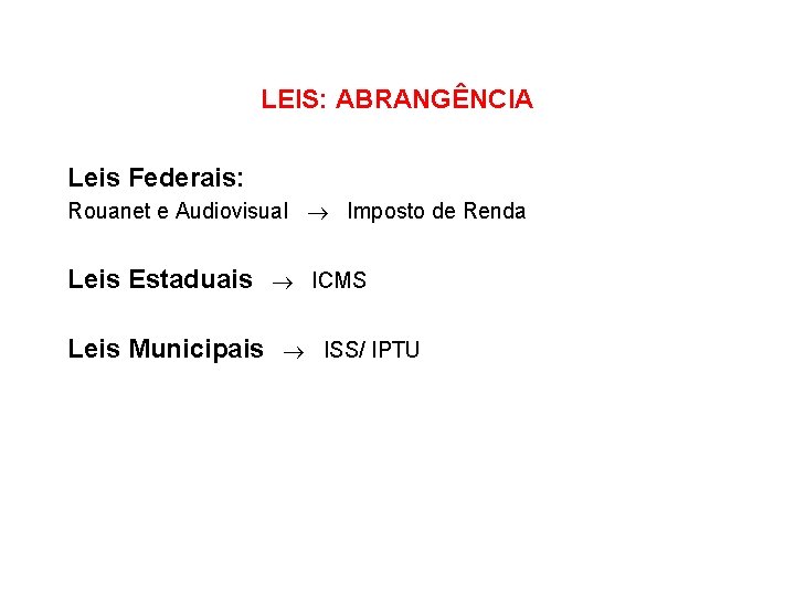 LEIS: ABRANGÊNCIA Leis Federais: Rouanet e Audiovisual Imposto de Renda Leis Estaduais ICMS Leis