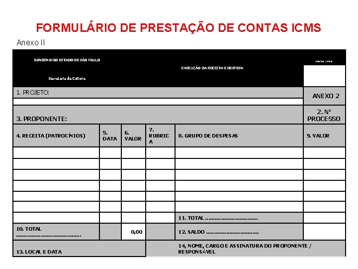 FORMULÁRIO DE PRESTAÇÃO DE CONTAS ICMS Anexo II GOVERNO DO ESTADO DE SÃO PAULO