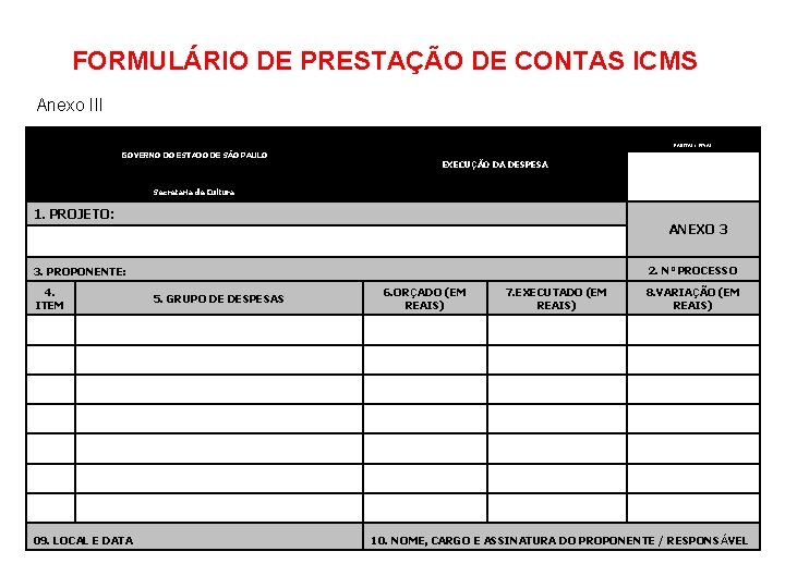 FORMULÁRIO DE PRESTAÇÃO DE CONTAS ICMS Anexo III PARCIAL / FINAL GOVERNO DO ESTADO