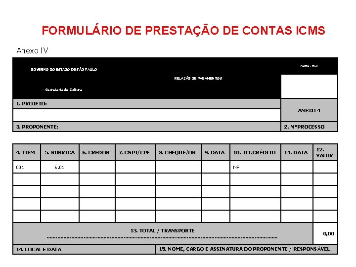 FORMULÁRIO DE PRESTAÇÃO DE CONTAS ICMS Anexo IV PARCIAL / FINAL GOVERNO DO ESTADO