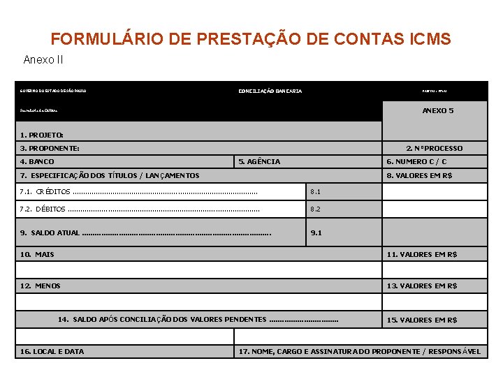 FORMULÁRIO DE PRESTAÇÃO DE CONTAS ICMS Anexo II GOVERNO DO ESTADO DE SÃO PAULO