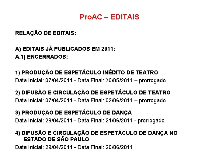 Pro. AC – EDITAIS RELAÇÃO DE EDITAIS: A) EDITAIS JÁ PUBLICADOS EM 2011: A.