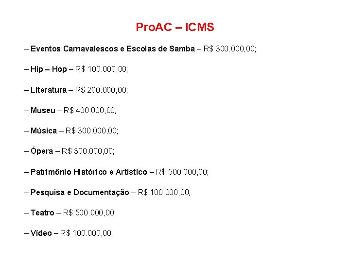 Pro. AC – ICMS – Eventos Carnavalescos e Escolas de Samba – R$ 300.