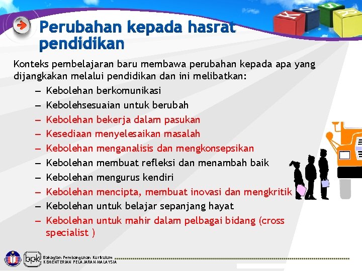 Perubahan kepada hasrat pendidikan Konteks pembelajaran baru membawa perubahan kepada apa yang dijangkakan melalui