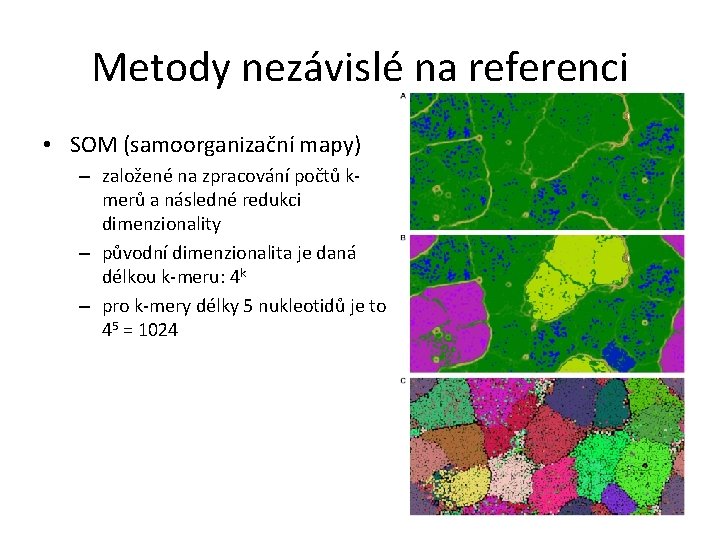 Metody nezávislé na referenci • SOM (samoorganizační mapy) – založené na zpracování počtů kmerů