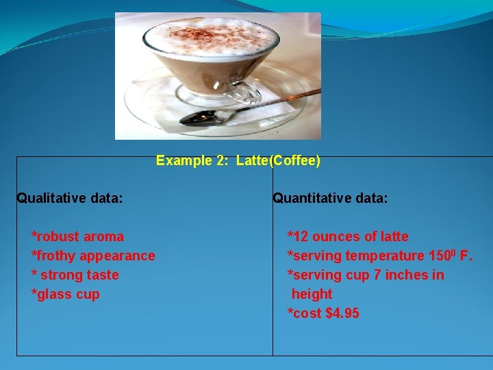 Example 2: Latte(Coffee) Qualitative data: *robust aroma *frothy appearance * strong taste *glass cup