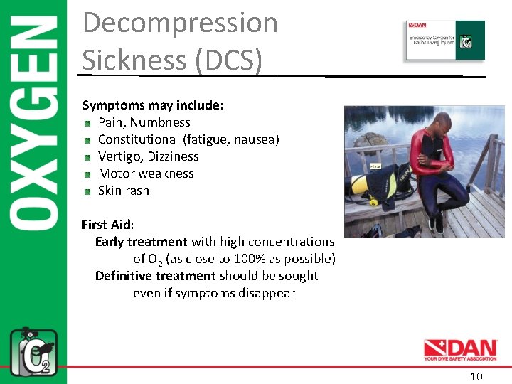 Decompression Sickness (DCS) Symptoms may include: Pain, Numbness Constitutional (fatigue, nausea) Vertigo, Dizziness Motor