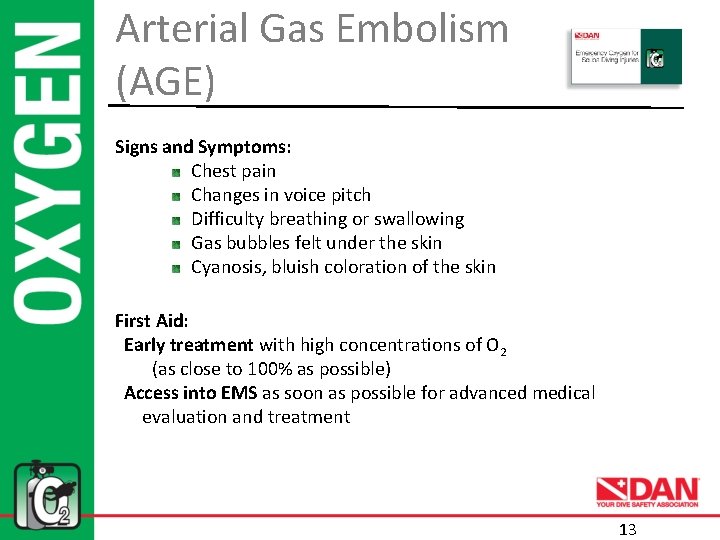 Arterial Gas Embolism (AGE) Signs and Symptoms: Chest pain Changes in voice pitch Difficulty