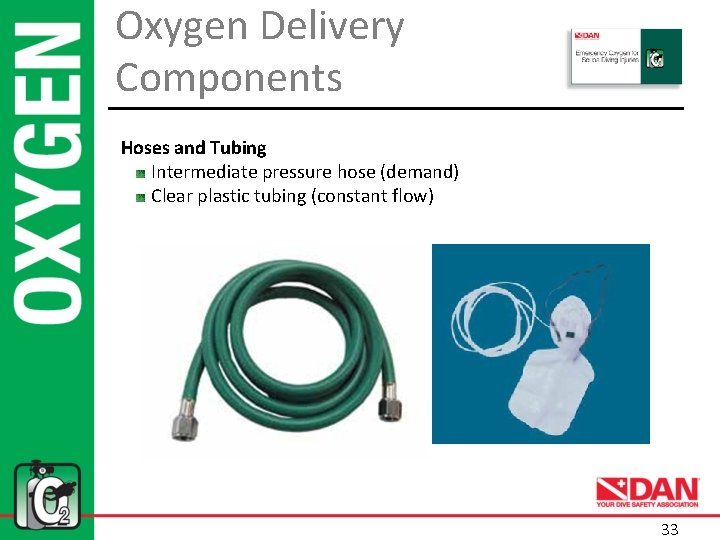 Oxygen Delivery Components Hoses and Tubing Intermediate pressure hose (demand) Clear plastic tubing (constant