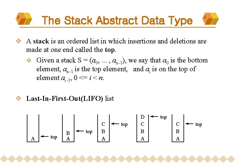The Stack Abstract Data Type v A stack is an ordered list in which